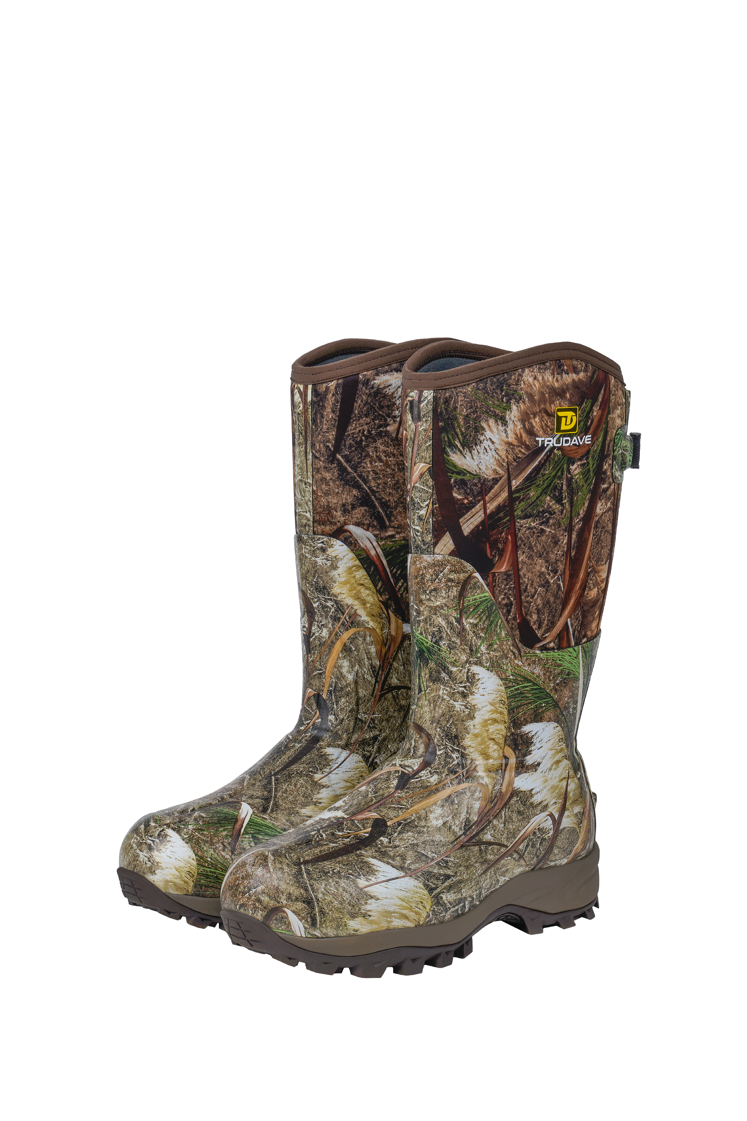 alt="Side view of Trudave TrailGuard Series men’s tall waterproof insulated hunting boots in Reed Grass color showing durable rubber construction, rugged tread sole, and insulated design for warmth and waterproof protection in outdoor hunting conditions"